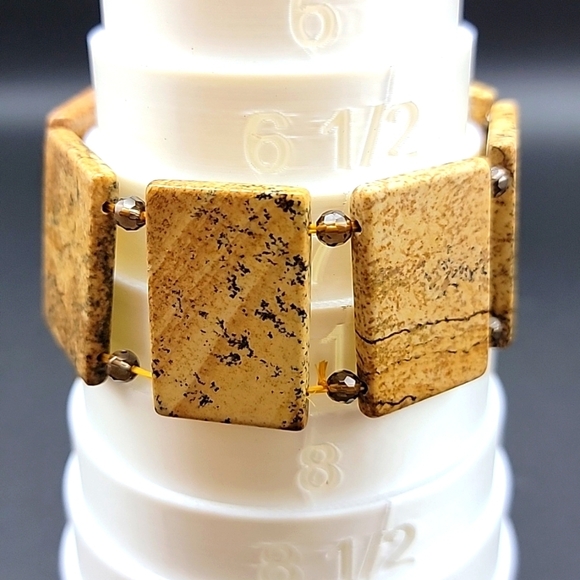 Natural Gemstone Picture Jaspet Smokey Quartz Stretch Bracelet US Size 7.5" - Picture 6 of 9